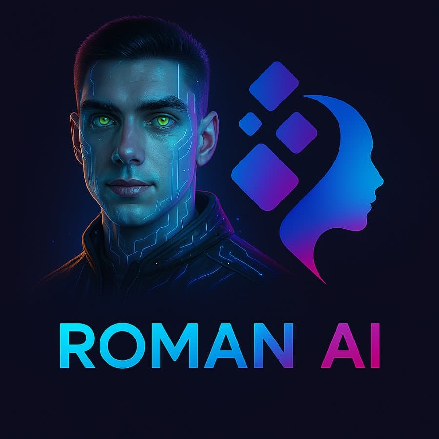 The Roman AI avatar: a stylised portrait with circuit lines on the face, next to the Roman AI logo
